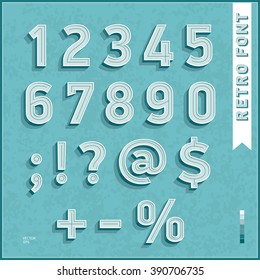 Flat design type font. Retro symbols with a projection around the perimeter of the mark or distinctive figure, and with a line down the middle. Vector illustration