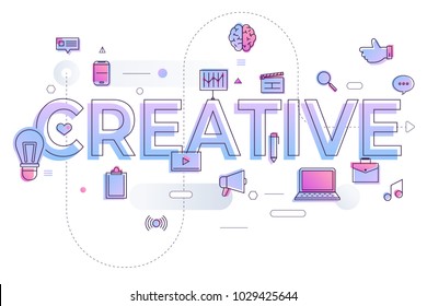 Flat design typography concept "CREATIVE". building text with thin line icon and graphic layout. Vector illustration.