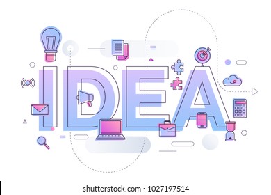 Flat design typography concept "IDEA". building text with thin line icon and graphic layout. Vector illustration.
