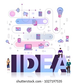 Flat design typography concept "IDEA". building text with thin line icon and graphic layout. Vector illustration.