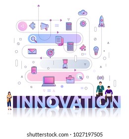 Flat design typography concept "INNOVATION". building text with thin line icon and graphic layout. Vector illustration.