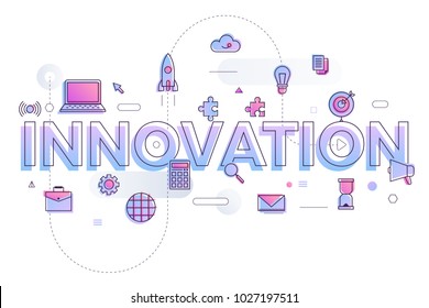 Concepto tipográfico de diseño plano "INNOVACIÓN". crear texto con icono de línea delgada y diseño gráfico. Ilustración vectorial.