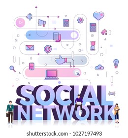 Flat design typography concept "SOCIAL NETWORK". building text with thin line icon and graphic layout. Vector illustration.