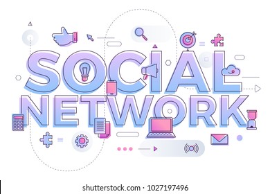 Flat design typography concept "SOCIAL NETWORK". building text with thin line icon and graphic layout. Vector illustration.