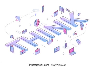Flat design typography concept "THINK". building text with thin line icon and graphic layout. Vector illustration.