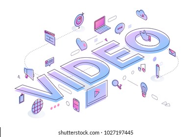 Flat design typography concept "VIDEO". building text with thin line icon and graphic layout. Vector illustration.