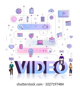 Flat design typography concept "VIDEO". building text with thin line icon and graphic layout. Vector illustration.