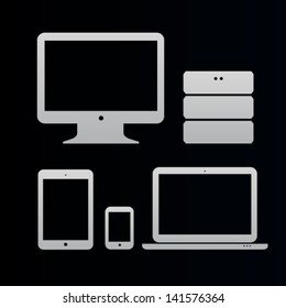 Flat design ui device icons of pc, monitor, database, pda, phone on dark background