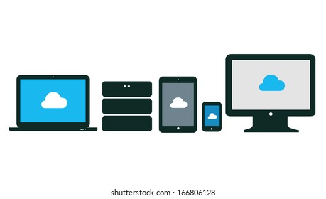 Flat design ui device icons of pc, monitor, database, pda, phone on white background