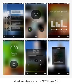 Flat design UI and Infographics mobile app templates on defocused blurred backgrounds, EPS 10