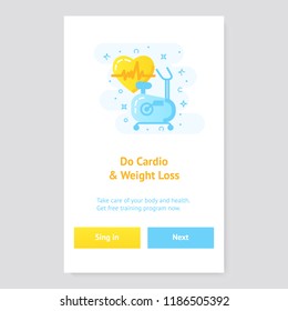 Flat design UI, UX concept app with exercise bike, for cardio training and fitness. Healthy lifestyle banner concept. Modern vector illustration.