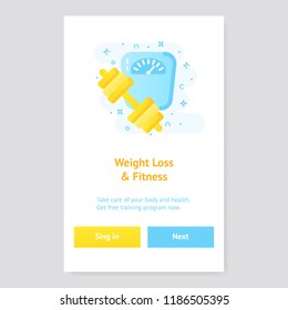 Flat design UI, UX concept for active lifestyle app with icon of scales and barbell. Healthy lifestyle banner concept. Modern vector illustration.