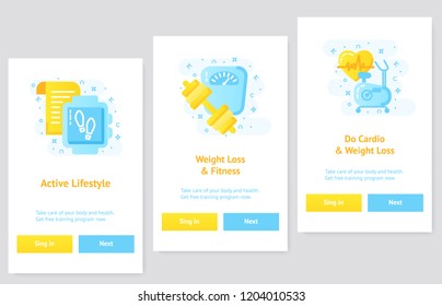Flat design UI, UX concept weightloss app and fitness. Healthy lifestyle banner concept. Modern vector illustration.