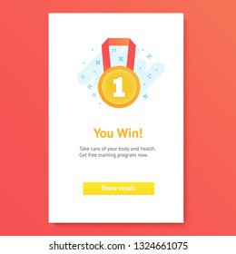 Flat design UI, UX concept app. Modern vector illustration. Icon of red ribbon with gold medal. Awards for winners, champions, leadership. Symbol for logo, label, game, app design