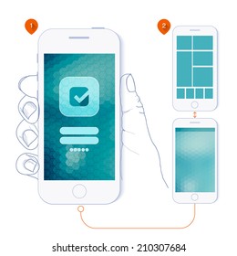 Flat Design And Ui Web Elements For Mobile App And Website. UI Flat  Web Elements Schematic Diagram And Schematically Drawn Hand Holding A Phone For You. 