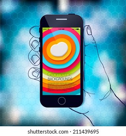 Flat design and ui web elements for mobile app and website. UI flat web elements schematically drawn hand holding a phone for you.