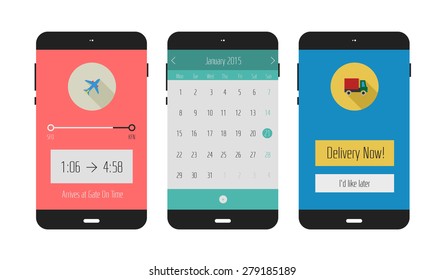 Flat design UI/UX calendar, travel and shopping delivery mobile application templates