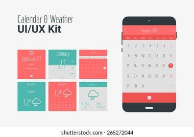 Flat design UI/UX calendar and weather mobile application templates