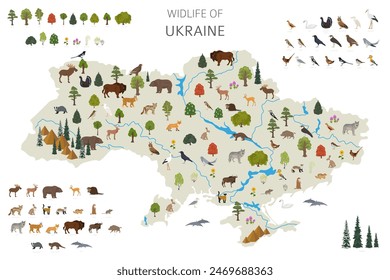 Flat design of Ukraina wildlife. Animals, birds and plants constructor elements isolated on white set. Build your own geography infographics collection. Vector illustration