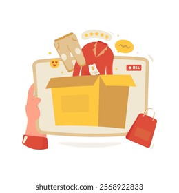 Flat design unboxing of shopping packages, Recording on tablet screen, Vector illustration