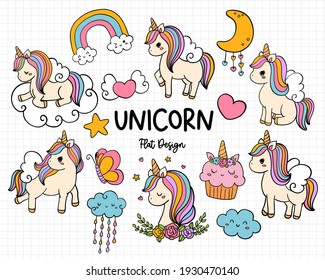 Flat design unicorn collection, vector illustration