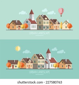 Flat design urban landscape. Autumn - vector illustration.