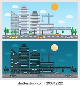 flat design of urban landscape background. day and night design. Can be used for cover page, business infographics element, web design, brochure template. vector illustration