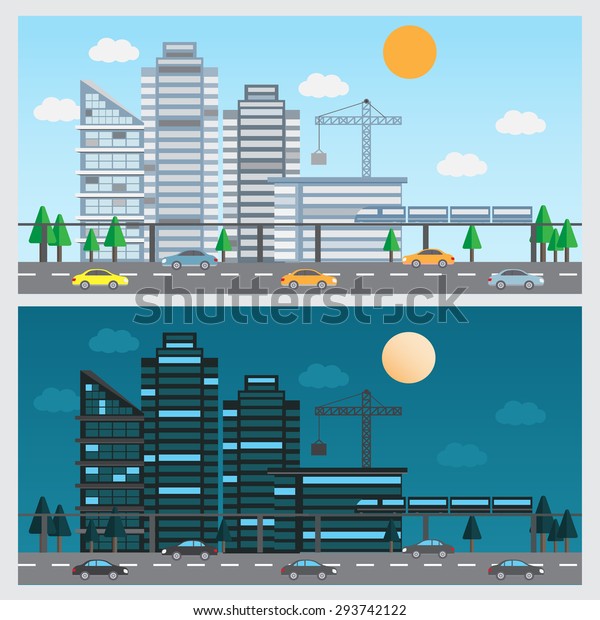 flat design of\
urban landscape background. day and night design. Can be used for\
cover page, business infographics element, web design, brochure\
template. vector\
illustration