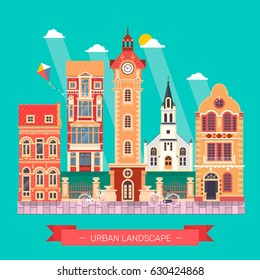 Flat design urban landscape and city life Building icon Vector