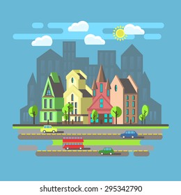 Flat design, urban landscape, day city and building, london, carriageway, vector illustration.