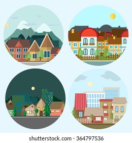 Flat design urban landscape day and night illustration.