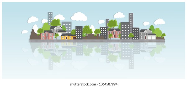 Flat design urban landscape illustration. Cityscape Banner with traditional and modern houses, mountains and trees.
