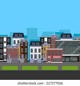 Flat design urban landscape. illustration of a street with different buildings