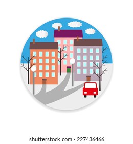 Flat design urban landscape illustration. Winter landscape
