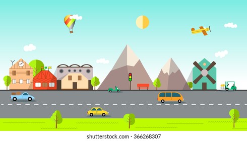 Flat design urban landscape illustration. Town with buildings, snowy mountains and mill. Plane and balloon in the sky. Bus, scooter, car and warehouse loader on the wide road.