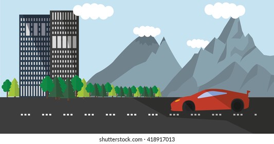 Flat design urban landscape illustration with red sport car and nature