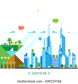 Flat design urban landscape illustration. Environmental ecosystem
