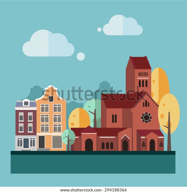 Flat design\
urban landscape illustration\
vector