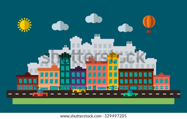 Flat design urban landscape illustration. City\
with road, cars and\
buildings