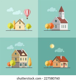 Flat design urban landscape set of buildings.Autumn - vector illustration.