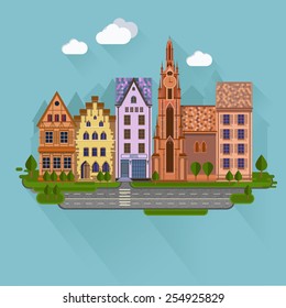 Flat design urban landscape.Day street with roads and buildings European style.