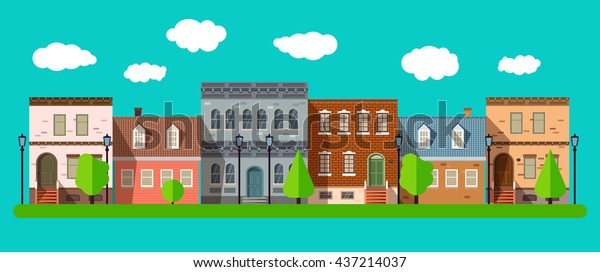 Flat design urban landscape summer in\
a city illustration. Small cute old style houses in flat style,\
summer in the city street. Vector illustration EPS\
10