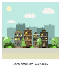 Flat design urban landscape. Vector illustration.