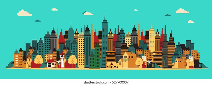 Flat design urban landscape.Vector Illustration