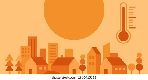 Flat design of urban skyline under sun with thermometer