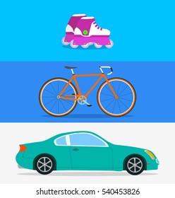 Flat design urban vehicles compilation vector. Car bicycle and rollers. Set of some types transport.