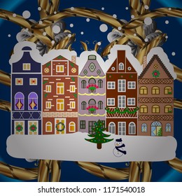 Flat design. Urban winter landscape. Christmas card Happy Holidays banner. Vector illustration. Snowy street.