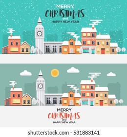 Flat Design Urban winter landscape. Snowy street. Christmas card Happy Holidays banner. Vector illustration