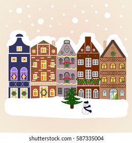 Flat design. Urban winter landscape. Christmas card Happy Holidays banner. Snowy street. Vector illustration.