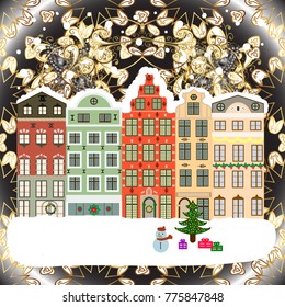Flat design. Urban winter landscape. Christmas card Happy Holidays banner. Vector illustration. Snowy street.